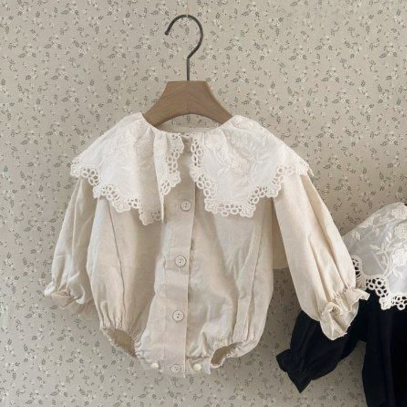 長袖ロンパース Beige White / 66cm 長袖ロンパース レース襟 ボリューム袖 フロントボタン ボディスーツ【mh0011630】