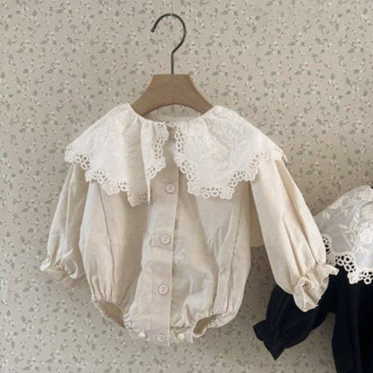 長袖ロンパース Beige White / 66cm 長袖ロンパース レース襟 ボリューム袖 フロントボタン ボディスーツ【mh0011630】