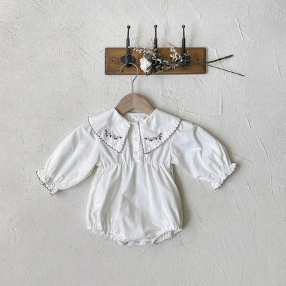 長袖ロンパース Beige White / 6M  66CM ベビーロンパース フラワー刺繍長袖ボディスーツ【mh0008533】