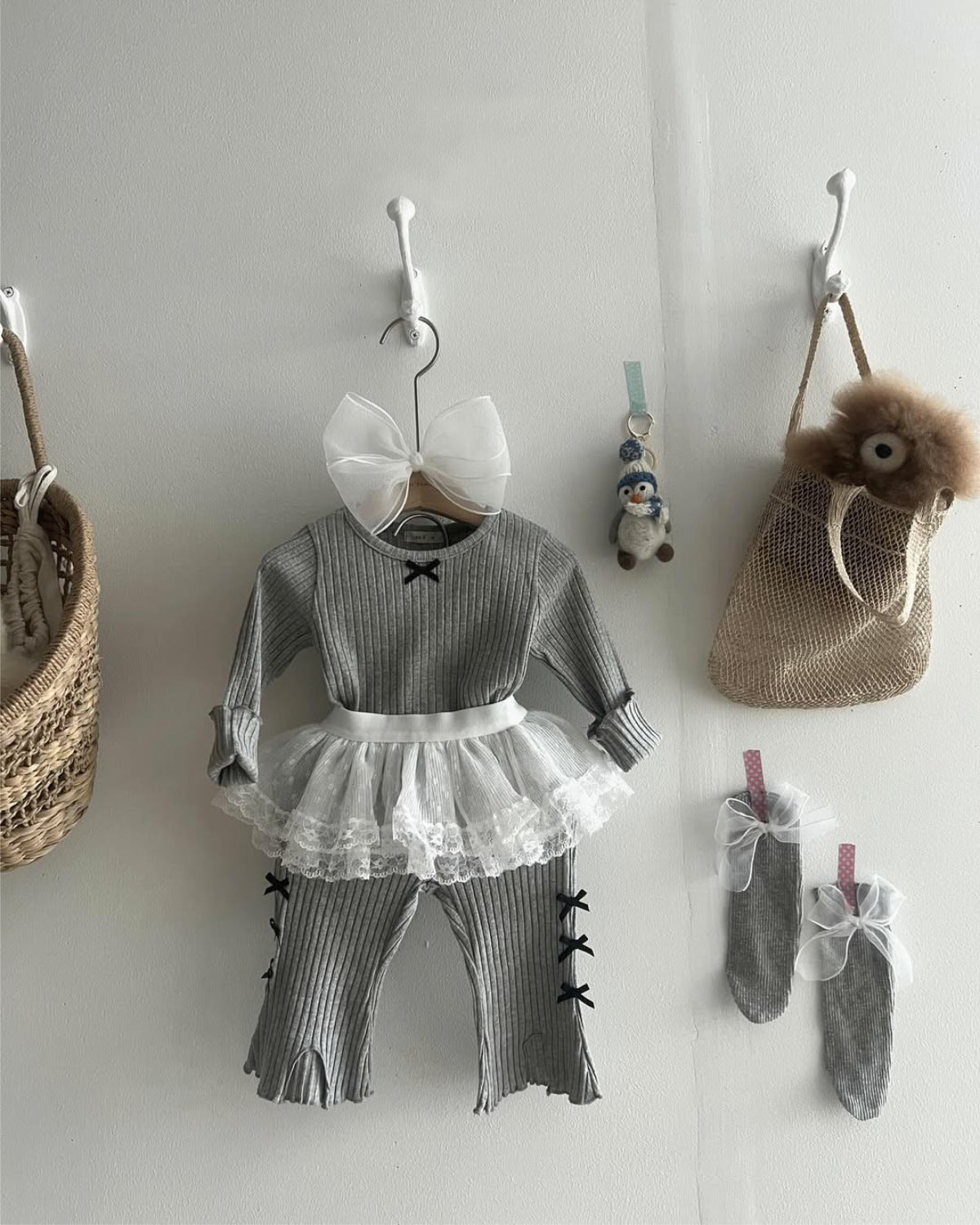 長袖セットアップ Big Pit Ribbon Base Set Loungewear リブニット リボン セットアップ【mh0011637】