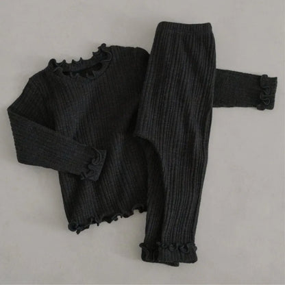 長袖セットアップ Black / 66cm 0-6m ベビーセットアップ 2点セット プリーツ加工フリル長袖Tシャツ+プリーツ加工ロングパンツ 5カラー【mh0007089】
