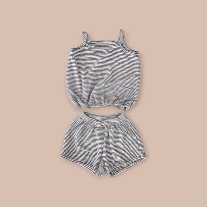ノースリーブセットアップ Black / 66cm ボーダーキャミソールトップス+ショートパンツセットアップ 2点セット【mh0009856】