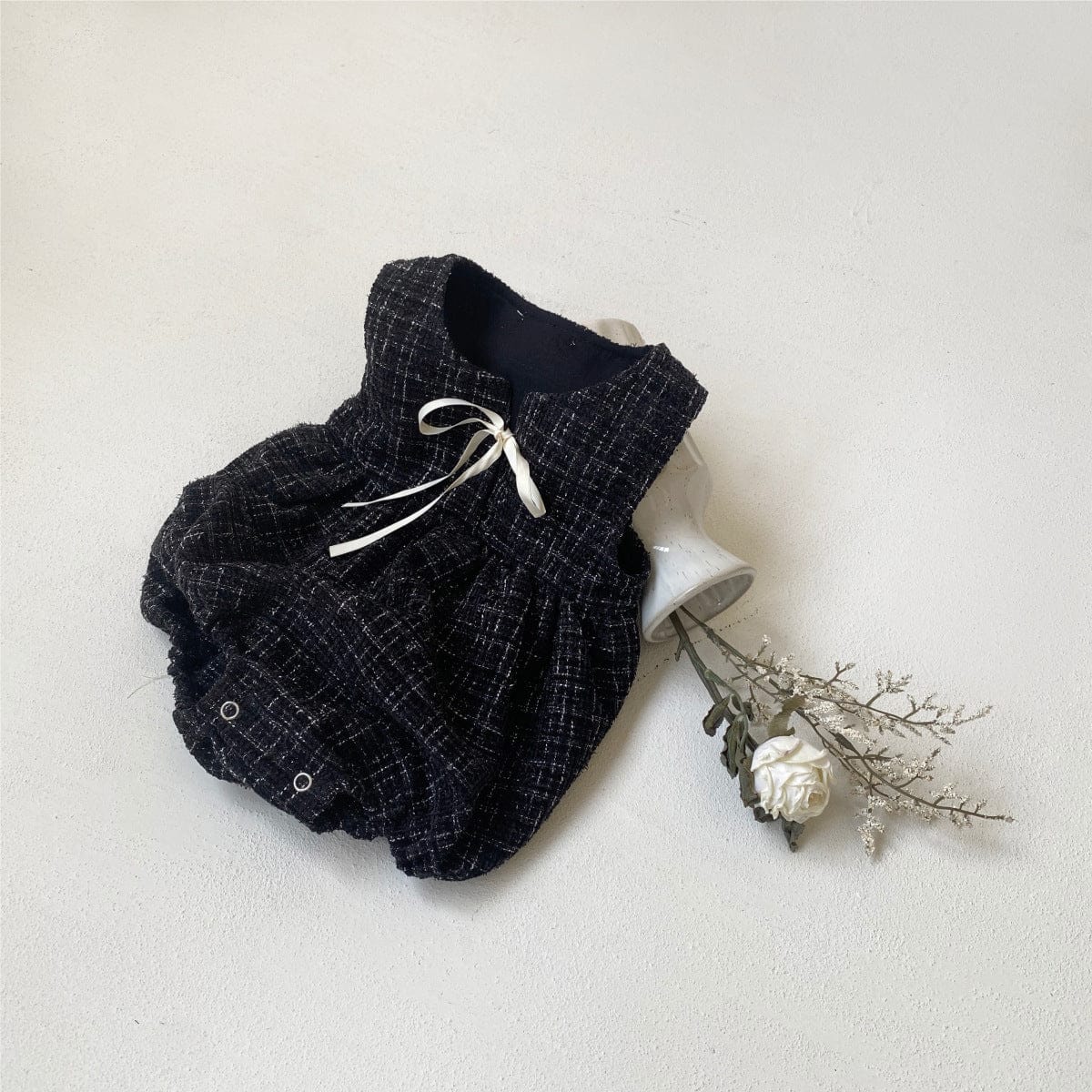 ノースリーブロンパース Black / 66cm ベビーロンパース ノースリーブフェイクツイードリボンボディスーツ【mh0009024】