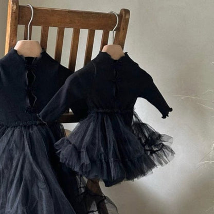 長袖ワンピース Black / 66cm バックリボンチュチュチュールスカートドッキング長袖ワンピース【mh0009671】