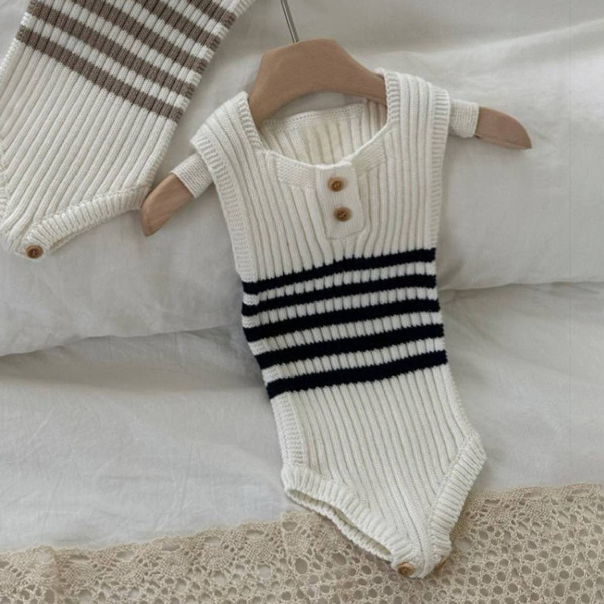 ノースリーブロンパース Black / 66cm ノースリーブニットロンパース ボーダー柄 リブ編み【mh0011361】