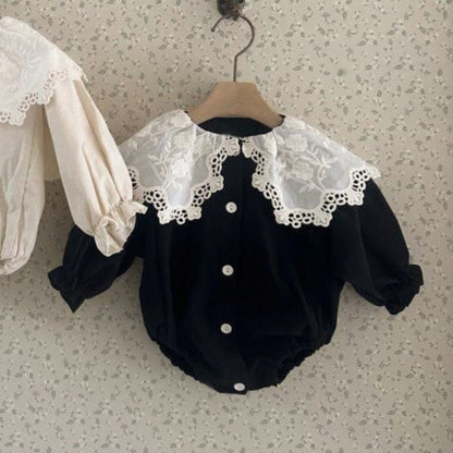 長袖ロンパース Black / 66cm 長袖ロンパース レース襟 ボリューム袖 フロントボタン ボディスーツ【mh0011630】