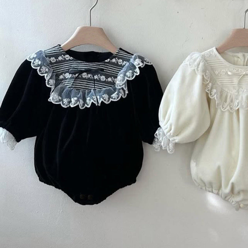 長袖ロンパース Black / 66cm Velvet Lace Bow Jumpsuit パフスリーブ ベロア ロンパース【mh0011636】