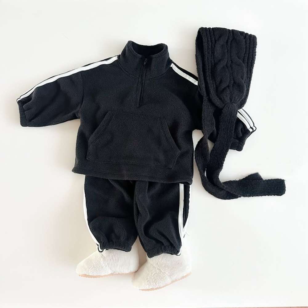 長袖セットアップ Black / 73cm 長袖ハーフジップセットアップ 2点セット | サイドラインフリース | 裏起毛スポーツウェア【mh0011493】