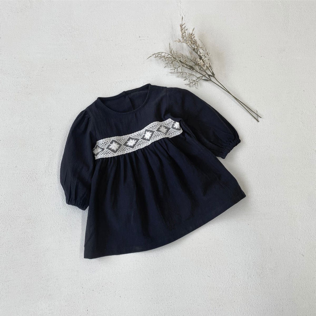 長袖ワンピース Black / 73cm レースアクセント長袖コットンワンピース【mh0009669】