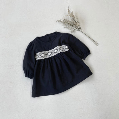 長袖ワンピース Black / 73cm レースアクセント長袖コットンワンピース【mh0009669】