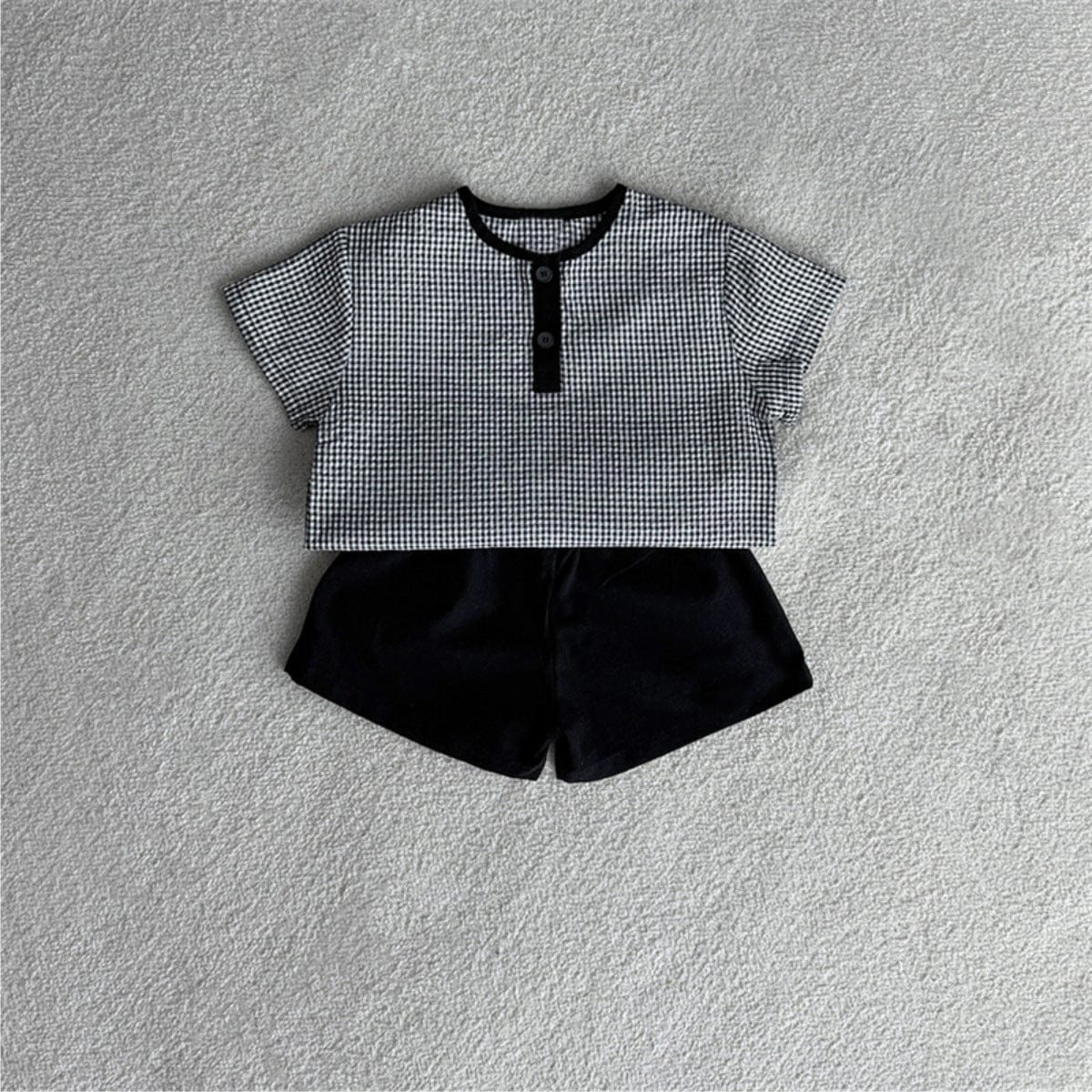 半袖セットアップ Black / 73cm ヘンリーネックチェック半袖シャツ+ショートパンツ【mh0009849】