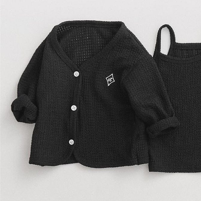 長袖セットアップ Black cardigan / 73cm ベビーセットアップ 3点セット ワッフルシンプルカーディガン+キャミソールトップス+ワイドルーズパンツ ルームウェアセット【mh0009038】