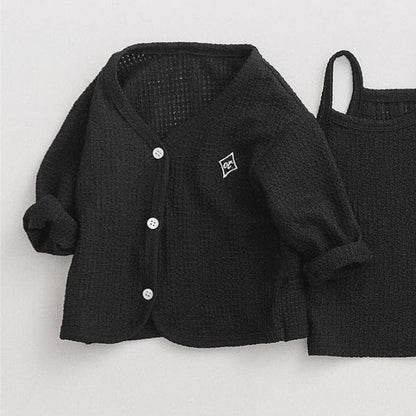 長袖セットアップ Black cardigan / 73cm ベビーセットアップ 3点セット ワッフルシンプルカーディガン+キャミソールトップス+ワイドルーズパンツ ルームウェアセット【mh0009038】