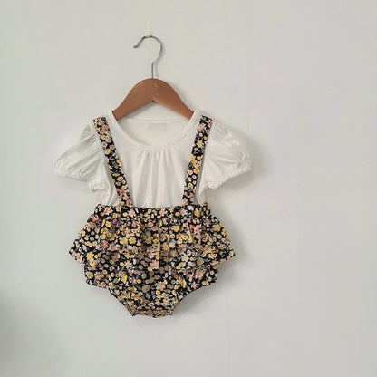 半袖ロンパース Black jumpsuit / 66cm フラワープリントフリルスカートドッキング半袖ロンパース+チューリップハットセット【mh0010009】