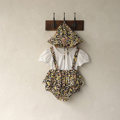 半袖ロンパース Black jumpsuit + hat / 66cm フラワープリントフリルスカートドッキング半袖ロンパース+チューリップハットセット【mh0010009】