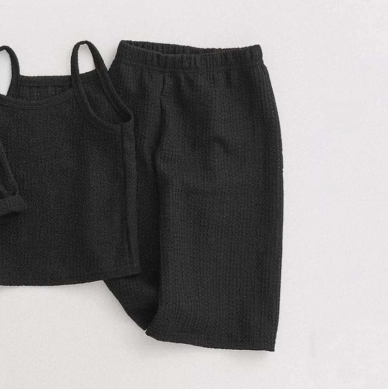 長袖セットアップ Black pants / 73cm ベビーセットアップ 3点セット ワッフルシンプルカーディガン+キャミソールトップス+ワイドルーズパンツ ルームウェアセット【mh0009038】