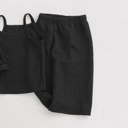 長袖セットアップ Black pants / 73cm ベビーセットアップ 3点セット ワッフルシンプルカーディガン+キャミソールトップス+ワイドルーズパンツ ルームウェアセット【mh0009038】