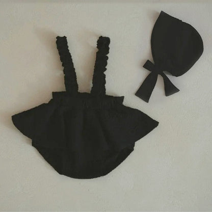ブルマパンツ Black Suit (Jumpsuit + Hat) / 66cm フリルショルダースカートサスペンダーブルマパンツ+ボンネット帽子セット【mh0009990】