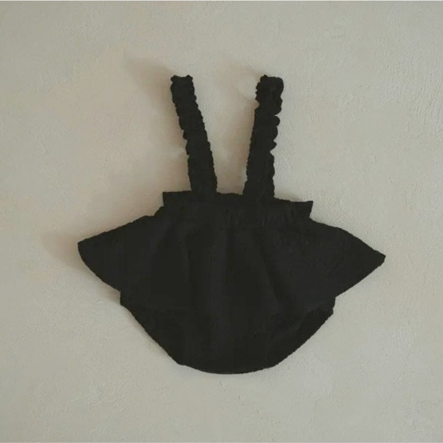 ブルマパンツ Black suspender jumpsuit / 66cm フリルショルダースカートサスペンダーブルマパンツ+ボンネット帽子セット【mh0009990】