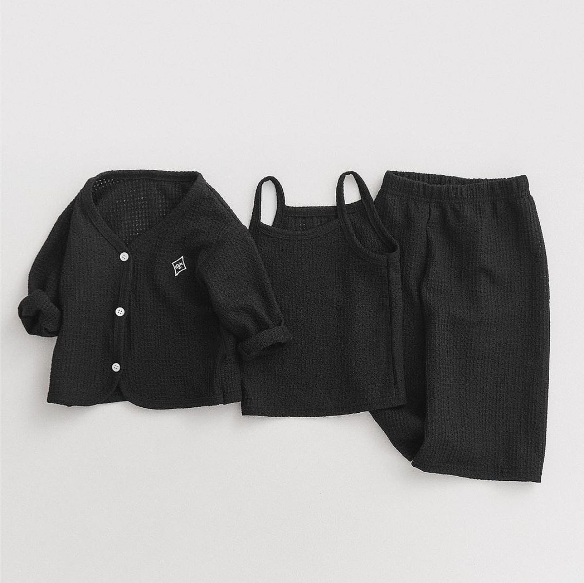 長袖セットアップ Black three-piece set (cardigan + vest + pants) / 73cm ベビーセットアップ 3点セット ワッフルシンプルカーディガン+キャミソールトップス+ワイドルーズパンツ ルームウェアセット【mh0009038】