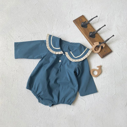 長袖ロンパース Blue / 66cm 0-6m ベビーロンパース マリンスタイルネイビーセーラーカラー長袖ボディスーツ 2カラー【mh0007088】