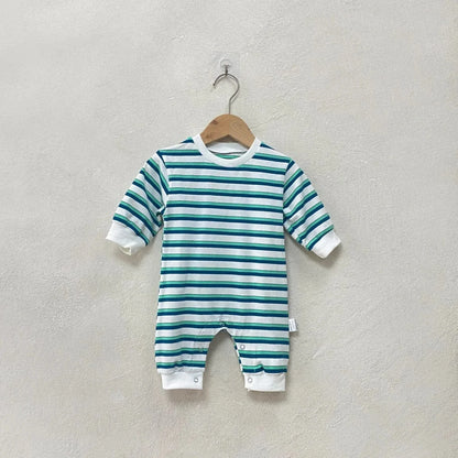 長袖ロンパース Blue / 66cm 0-6m ベビーロンパース レトロボーダー長袖ジャンプスーツ 2カラー【mh0007408】