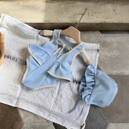 ベビー用水着 Blue / 66cm ベビー水着 サイドフリルノースリーブワンピーススイムウェア+帽子セット【mh0010216】