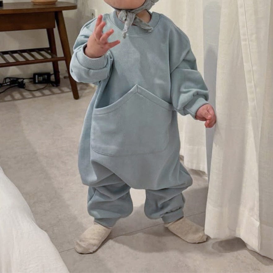 長袖ジャンプスーツ Blue / 66cm カンガルービッグポケット長袖ジャンプスーツロンパース【mh0010610】