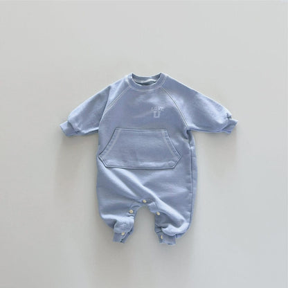 長袖ロンパース Blue / 66cm カンガルーポケットロゴプリントロンパース【mh0011126】