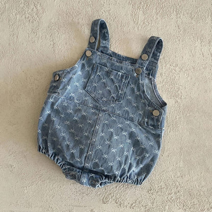 ノースリーブロンパース Blue / 66cm デニム サロペット ロンパース ジャガードリボン ポケット【mh0011352】
