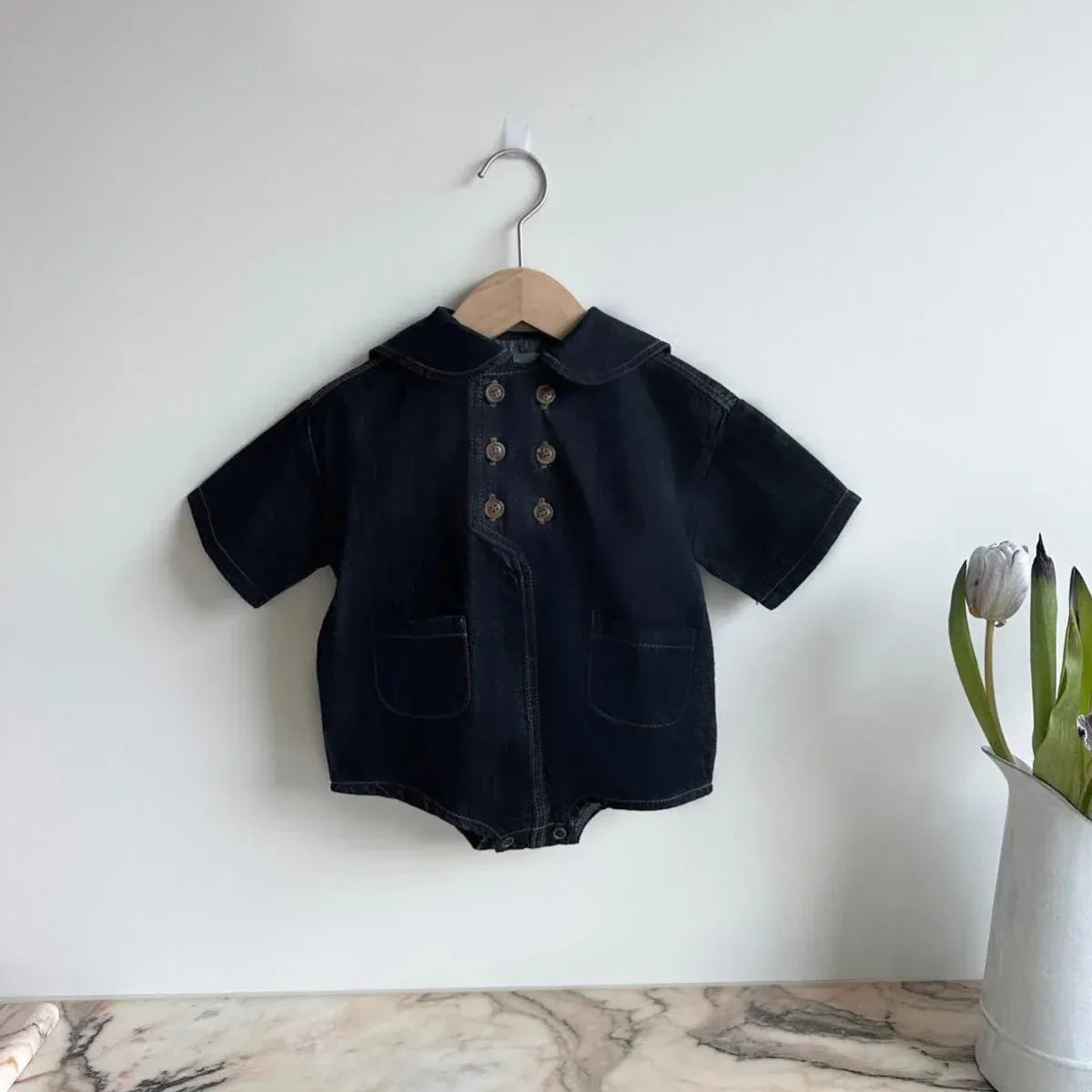 半袖ロンパース Blue / 6M  66CM ベビーロンパース 襟付きフロントダブルボタンボディスーツ 2カラー【mh0006911】