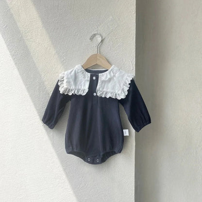 長袖ロンパース Blue / 6M  66CM ベビーロンパース ビッグフリル襟長袖ボディスーツ【mh0008583】