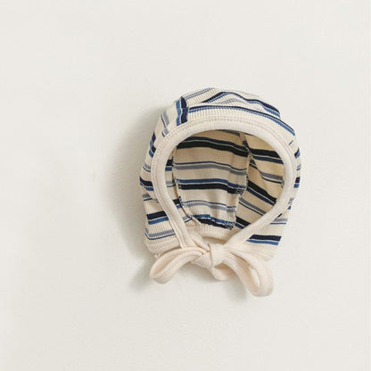 長袖ロンパース Blue and Gray Hat / One Size カラフルボーダーロンパース ボンネット付き リブ編み コットンカバーオール 2点セット【mh0010891】