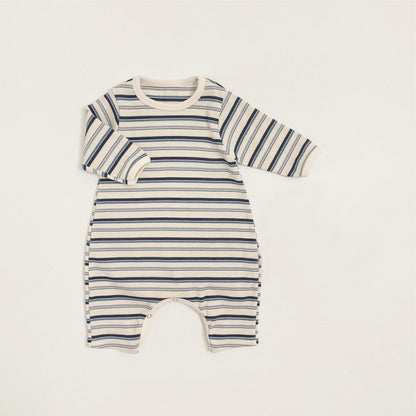 長袖ロンパース Blue and Gray Romper / 66cm カラフルボーダーロンパース ボンネット付き リブ編み コットンカバーオール 2点セット【mh0010891】