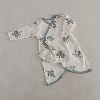 長袖ロンパース Blue Dinosaur Set (Jumpsuit + Hat) / 66cm ベビーロンパース 恐竜ダイナソープリント長袖コンビ肌着+とんがり帽子セット【mh0009032】