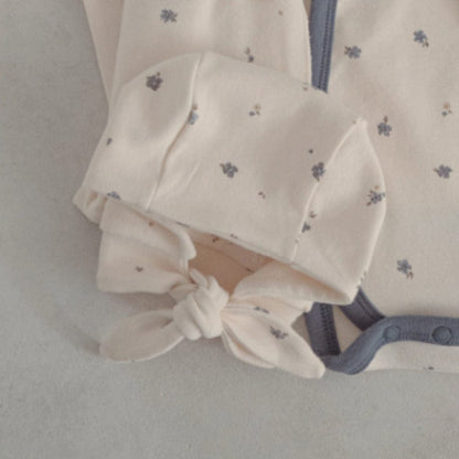 ロンパースセットアップ Blue floral scarf hat / One Size ベビーセットアップ 3点セット 長袖ボディスーツ+ハイウェストパンツ+フラワーキャップ帽子セット【mh0009026】