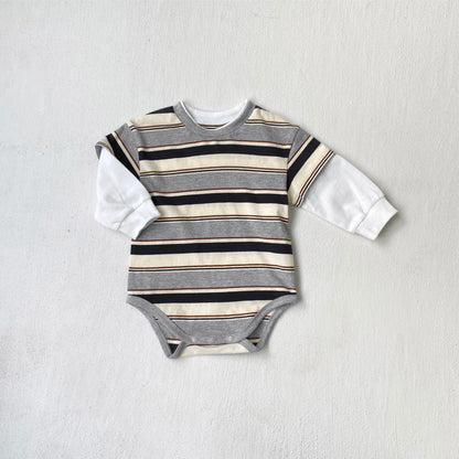 長袖ロンパース Blue Gray / 66cm ボーダードッキング長袖ロンパース【mh0010601】