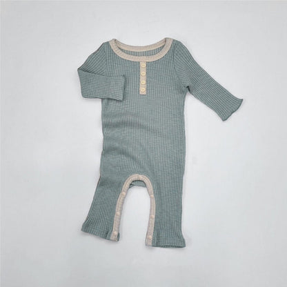 長袖ロンパース Blue Gray / 66cm リブ編みロンパース 長袖 ヘンリーネック バイカラーパイピング コットンカバーオール【mh0010888】