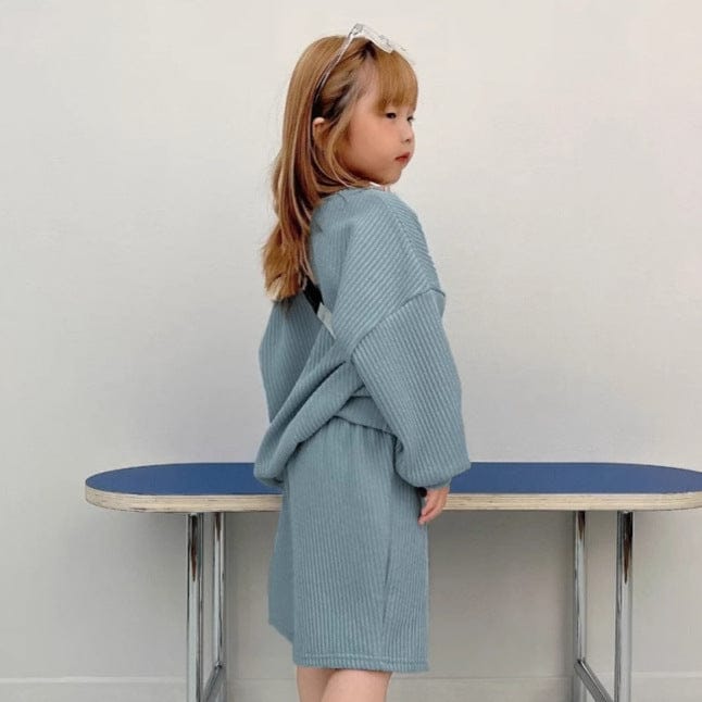 長袖セットアップ Blue Gray / 90cm 長袖リブニットトップス＋ショートパンツセットアップ 2点セット【mh0011099】