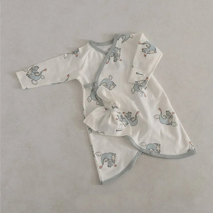 長袖ロンパース blue set / 6M  66CM ベビーロンパース アニマルプリントコンビ肌着ボディスーツ+とんがりキャップ帽子セット【mh0007951】