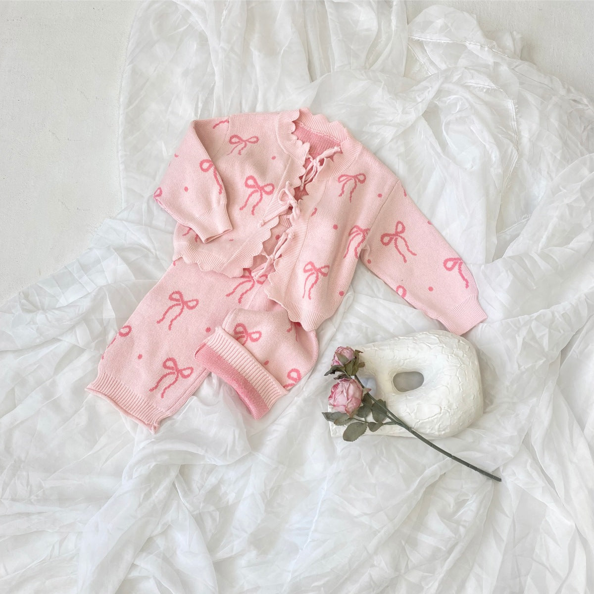 長袖セットアップ Bow Jacquard Knit Cardigan Set リボン ジャカードニット セットアップ【mh0011854】