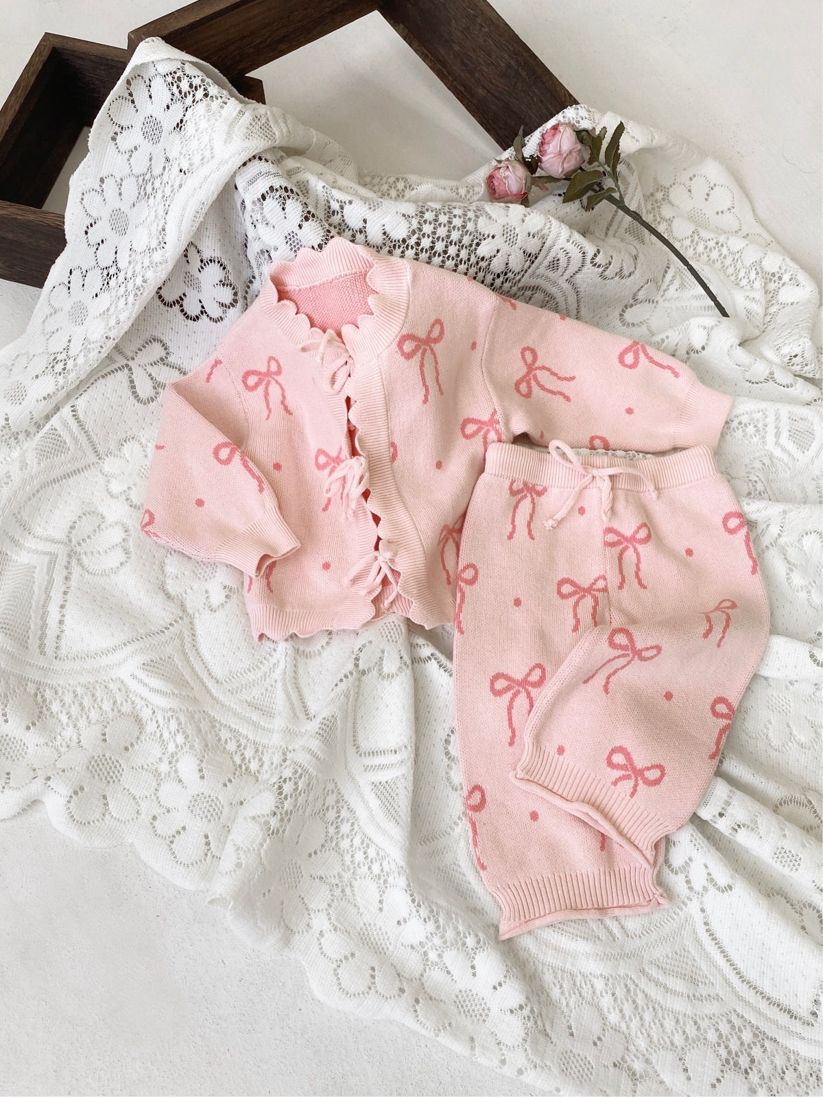 長袖セットアップ Bow Jacquard Knit Cardigan Set リボン ジャカードニット セットアップ【mh0011854】