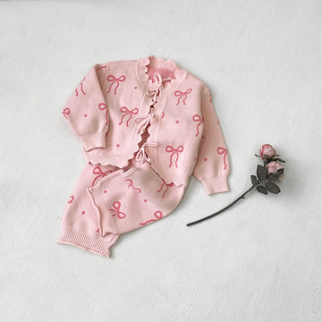 長袖セットアップ Bow Jacquard Knit Cardigan Set リボン ジャカードニット セットアップ【mh0011854】