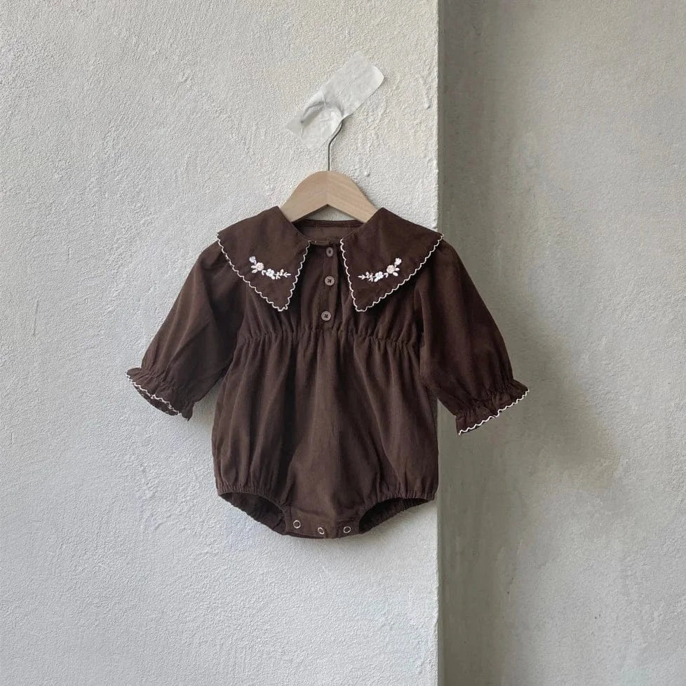 長袖ロンパース Brown / 6M  66CM ベビーロンパース フラワー刺繍長袖ボディスーツ【mh0008533】