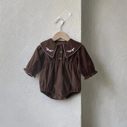 長袖ロンパース Brown / 6M  66CM ベビーロンパース フラワー刺繍長袖ボディスーツ【mh0008533】