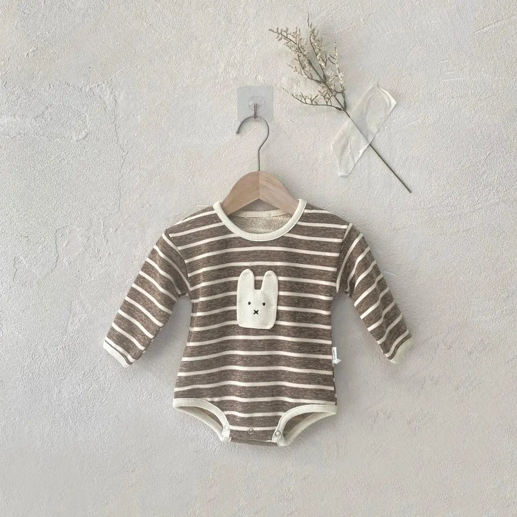 長袖ロンパース Brown / 6M  66CM ベビーロンパース うさぎアップリケボーダー長袖ボディスーツ【mh0008585】