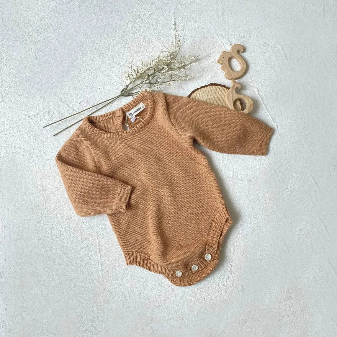 長袖ロンパース brown bodysuit / 6M  66cm ベビーロンパース帽子セット シンプルニット長袖ボディスーツ＋ニットキャップ帽子セット【mh-0008588】