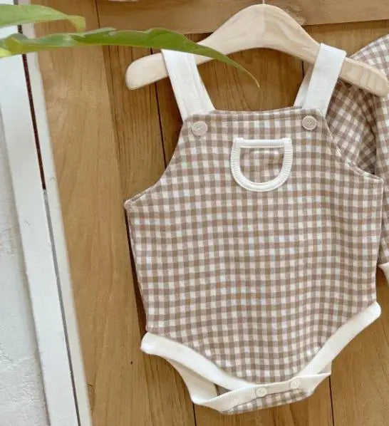 ノースリーブロンパース brown bodysuit / 6M  66CM ベビーロンパース+帽子セット チェックサスペンダーボディスーツ+チェックベレー帽【mh0008732】