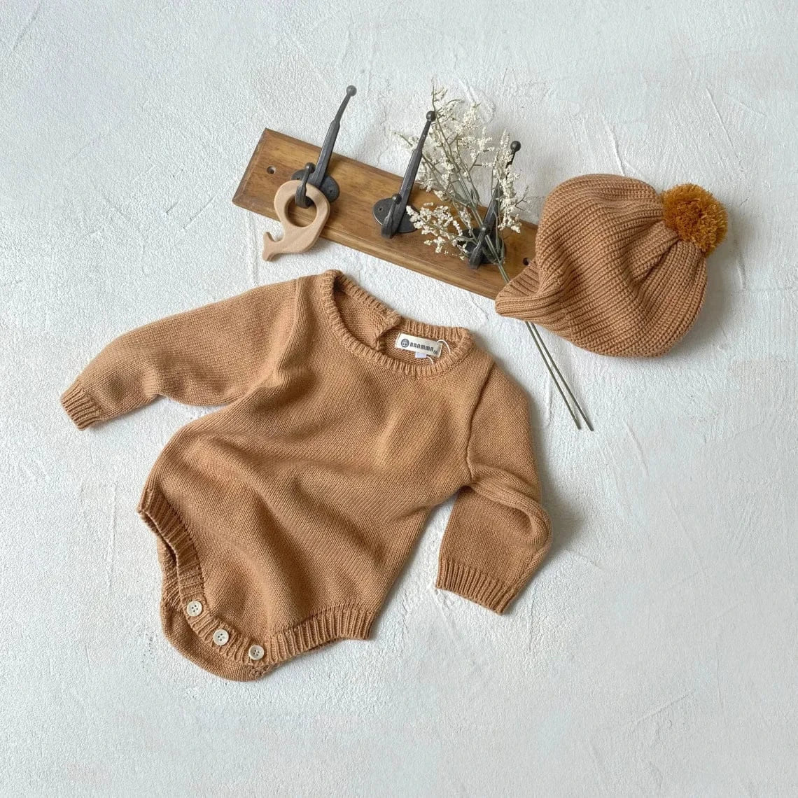 長袖ロンパース brown bodysuit hat / 6M  66cm ベビーロンパース帽子セット シンプルニット長袖ボディスーツ＋ニットキャップ帽子セット【mh-0008588】