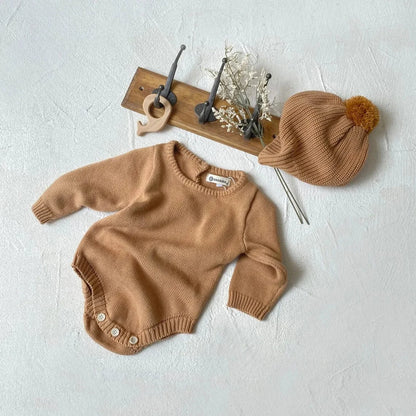 長袖ロンパース brown bodysuit hat / 6M  66cm ベビーロンパース帽子セット シンプルニット長袖ボディスーツ＋ニットキャップ帽子セット【mh-0008588】